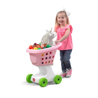 Little Helper's Shopping Cart - Pink  Girl pushing full cart of groceries